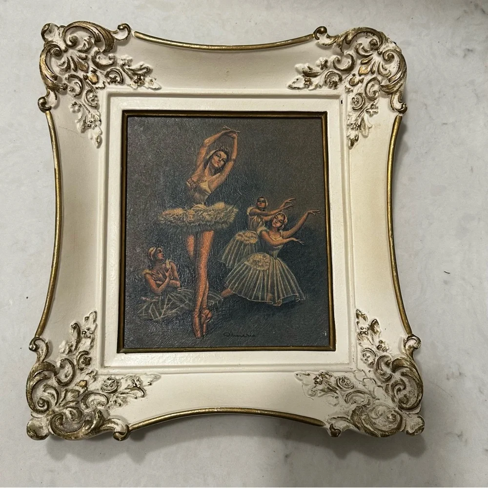 Vintage Ballerina Print Ornate Resin White/Gold Frame Hollywood Regency